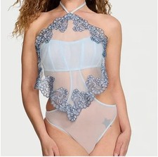 Victoria Secret Lingerie Boho Teddy Bodysuit 1 Piece Mesh Lace Halter Blue M