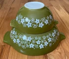 2 VTG Pyrex Crazy Daisy/Spring Blossom Green Nesting Mixing Bowls 444 & 442 NICE