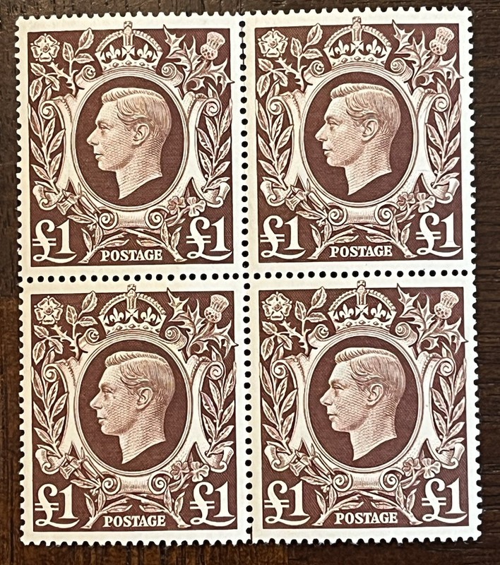 GB King George VI £1 Brown 1948 - MNH OG Block of 4 - SCOTT 275 VF+ Condition