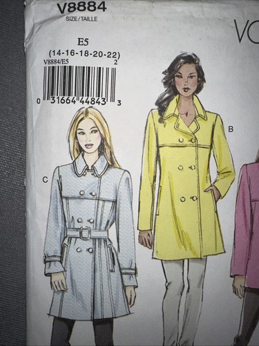 Vogue 8884 V8884 Women's Coat Belt Sewing Pattern Size 14-22 FF Uncut - Picture 6 of 11