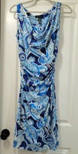 PAISLEY PRINT Lauren Ralph Lauren Sleeveless Blu/Wht Dress Ruched Lined Size 8