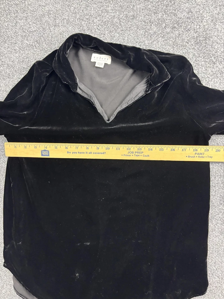 Camisa Velvet by Graham & Spencer Mujer Pequeña Negra Terciopelo Capucha Cuello Hecha en EE. UU. Foto 4 de 4