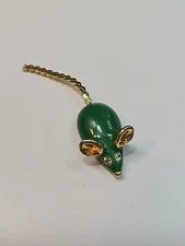 Mouse Lapel Pin Brooch Green & Gold Colors w/ Clear Faceted Faux Gem Eyes