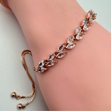New Rose Gold Plated Cubic Zirconia Adjustable Slide Clasp Tennis Bracelet