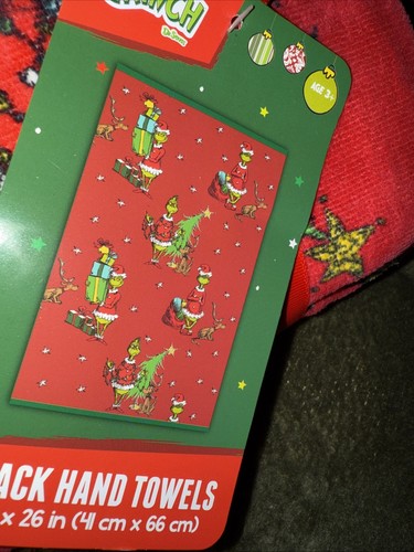 Dr Seuss The Grinch And Max Tree  Christmas Bathroom Hand Towels 2-Pack Red - Picture 2 of 3