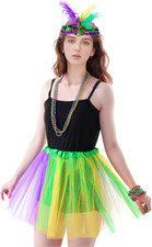 Mardi Gras Tulle Tutu Skirt with Feather Headband and Beads for Women Girls, ...