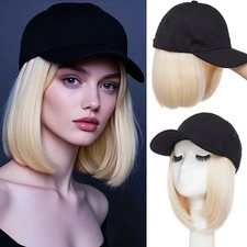 Chic Women's Baseball Cap Wig Black White Red Hat With Wavy Straight Hairpieces