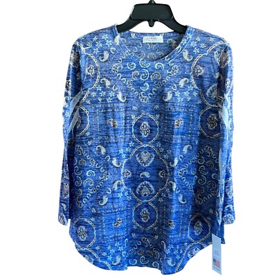 Jess & Jane Small Blue Moon Paisley Print Long Sleeve Top USA Made NWT