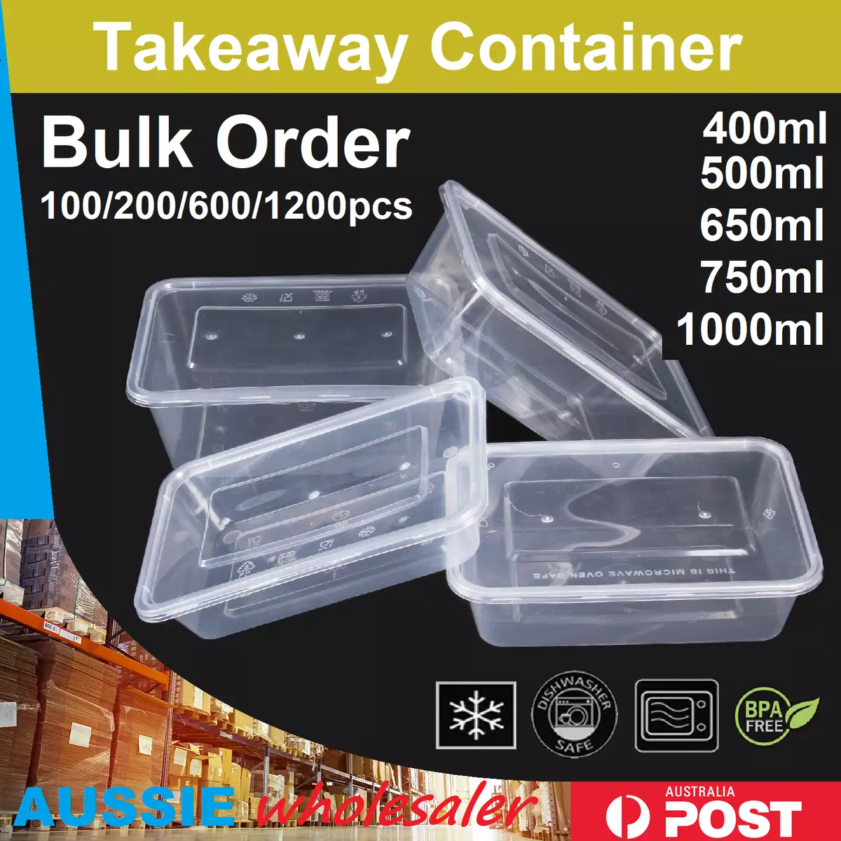 TAKE AWAY CONTAINERS & LIDS DISPOSABLE PLASTIC FOOD CONTAINER  500,650,750,1000ml