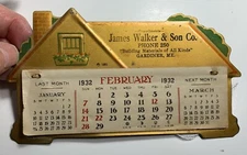 Tin Metal Desk Calendar Sign 1932 Die Cut House Gardiner Maine Building Material