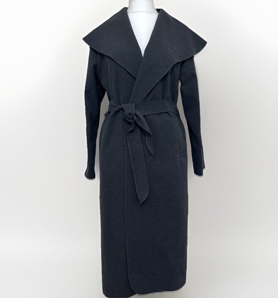 MADE IN ITALY LADIES OVERCOAT BELTED TRENCH GREY FAUX BOILED WOOL