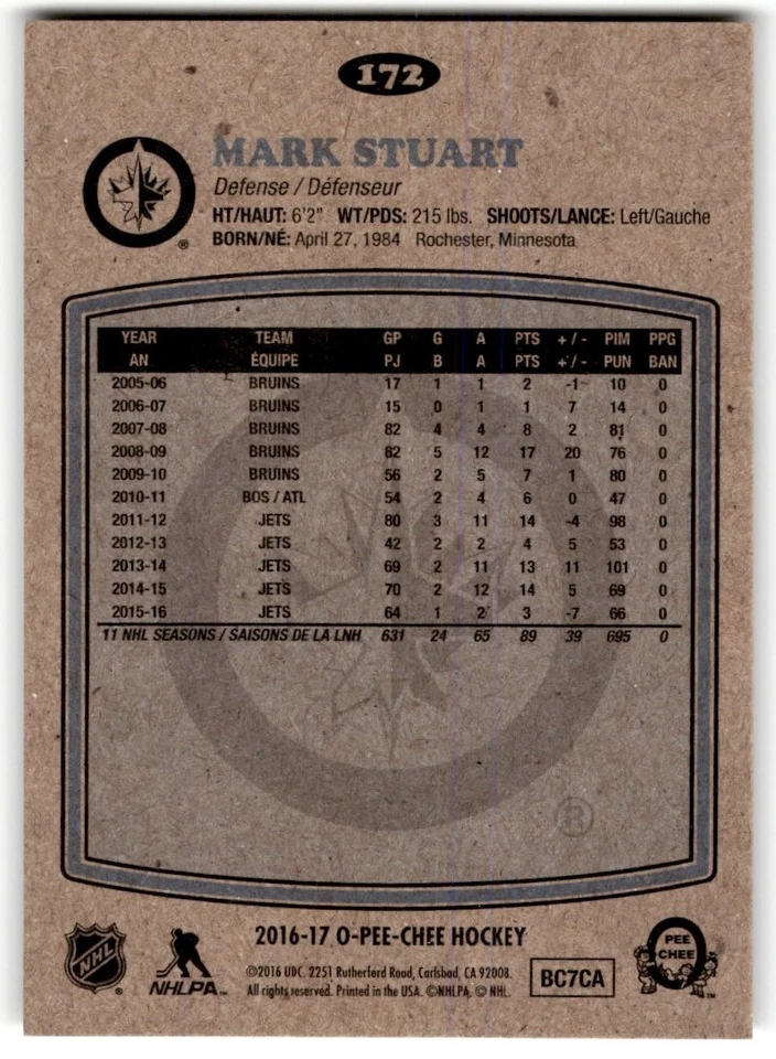 Mark Stuart 2016-17 O-Pee-Chee Retro #172 Winnipeg Jets - Image 2 of 2