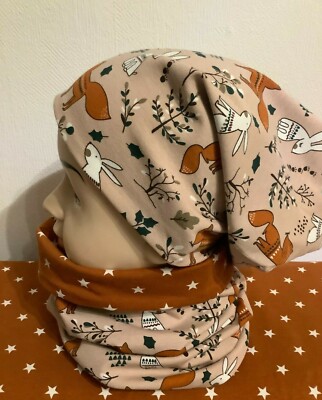 Handmade Set Beanie Mütze und Schal mit Fuchs + Hase Gr.116-122-128/ 53-56cm Neu