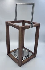 Mid Century Modern Teak Candle Lantern Wood & Stainless Steel Handle & Base