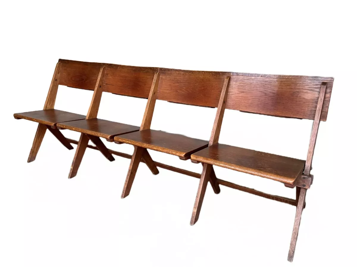 Antique Genuine Reclaimed Solid Oak Folding Church Chairs With Bible Backs