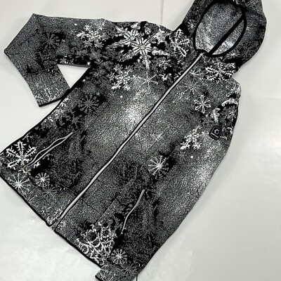 Newland Ski Hoodie Medium Black Midlayer Full Zip Stretch Ice Print Italy  Made