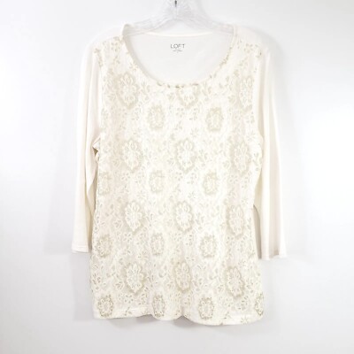 Ann Taylor Loft Size L Womens Lace Ivory Gold Glitter 3/4 Sleeves