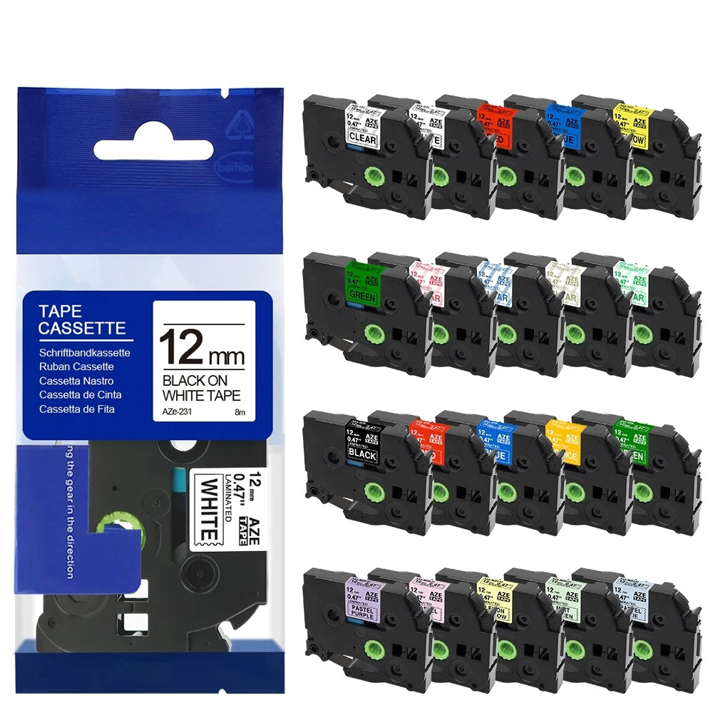 Schriftband für Brother TZE-231 12mm 0.47" 8m Schwarz auf Weiß Farbband Tape