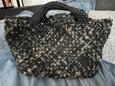 Falor  Woven Italian Soft Genuine Leather And Tweed Hand Bag Black Green