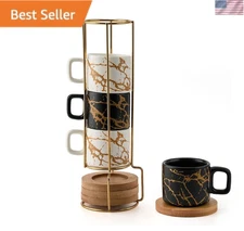 Porcelain Espresso Cup with Saucer and Metal Stand, 4 Ounce Stackable Ceramic De