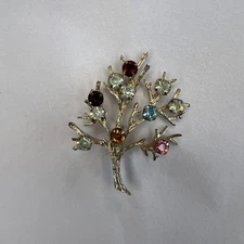 Tree Of Life Rhinestone Gold Tone Brooch Sarah Cov 1960s Multicolor 2"
