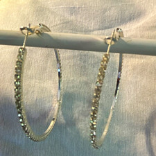 Silver Tone Crystal Rhinestone Round Hoop Earrings, Hinged Closure