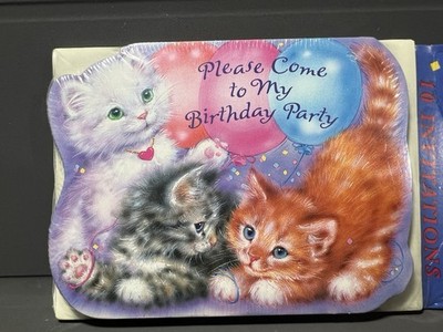 Vintage Kid BIrthday Party Invitations Kittens Cats Balloons  10 with Envelopes