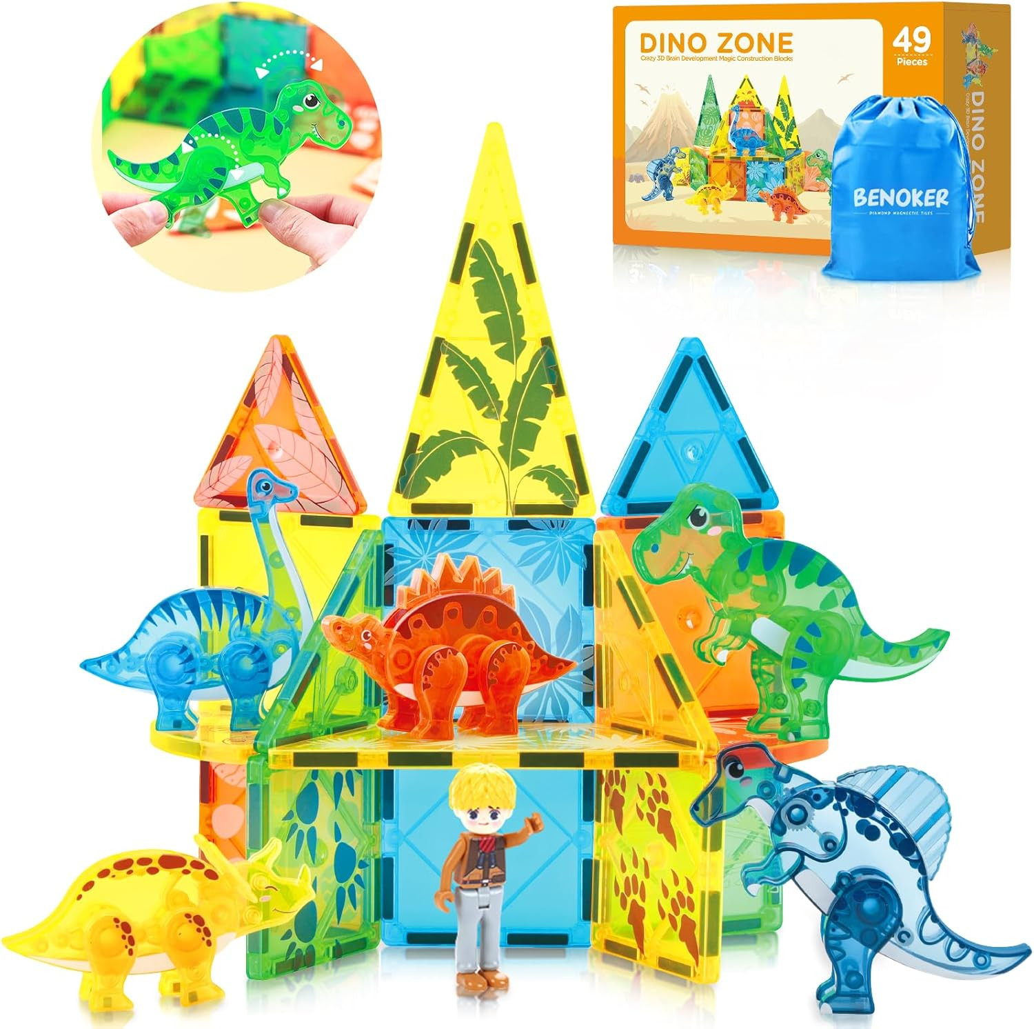 Dinosaur Magnetic Tiles,Animals Magnet Building Blocks Toys Dino World,3D STEM E