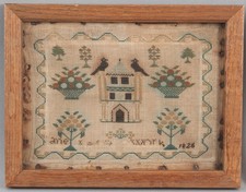 1826 Antique 19thC American Folk Art House Birds Flowers Sampler Embroidery, NR