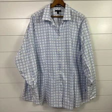Lands End No Iron Supima Button Front Shirt White Blue Pattern sz 26W