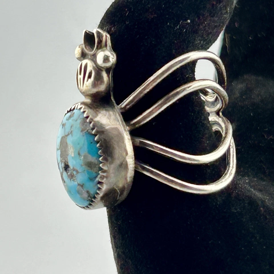 Sterling Navajo Spider Grandmother Ring Turquoise Pyrite Matrix Sz 6½ 60s VTG - Image 3 of 4