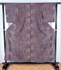 Silk Kimono Modern Vertical Stripes Brown Japan Used