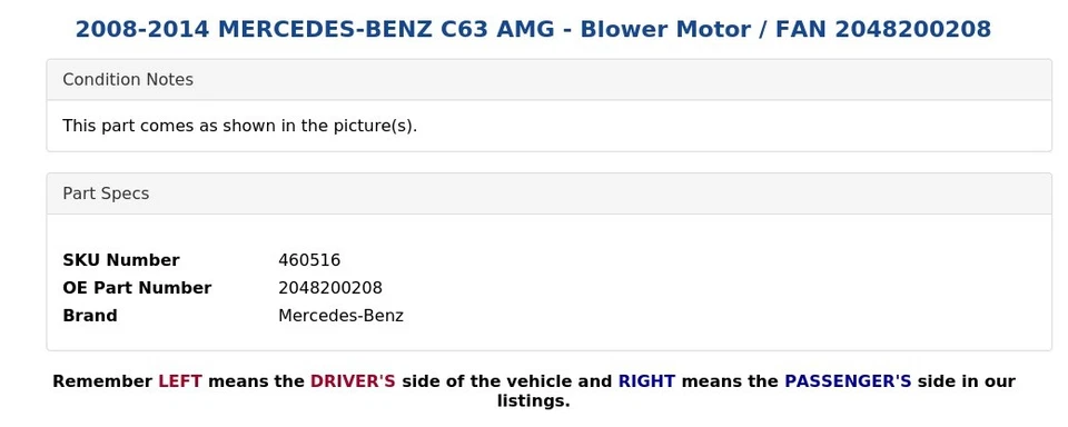 Mercedes-Benz C63 AMG 2008-2014 - motor soplador / ventilador 2048200208 Foto 4 de 4