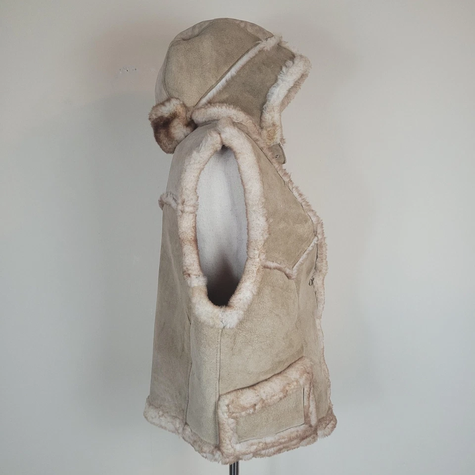 Shearling Vest Womens XL Tan Suede Sherpa Lined Western Cozy Warm Aviator Hood - Image 3 of 4
