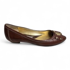 Joan And David Brown Leather Peep Toe Flats with Gold Buckle Accent