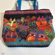 Laurel Burch Laurels Garden Cats Colorful Cotton Pocket Tote Bag Large
