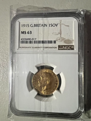 1915 GOLD GREAT BRITAIN 1 SOVEREIGN KING GEORGE V COIN NGC MINT STATE 63 WINGS