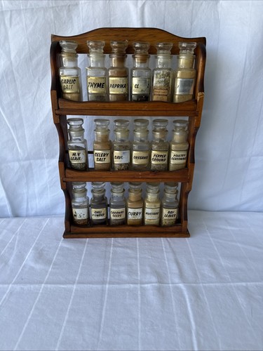 Vintage Wall Hanging Wooden Spice Rack With Glass Spice Jars