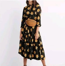 Madewell Black Yellow Floral Button Ruffle 3/4 Sleeve Maxi A-Line Dress Size L