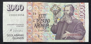 Iceland 1000 Kronur Z Replacement Series Banknote. 01/AUNC