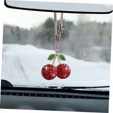 Bling Cherry Car Rear View Mirror Charm - Rhinestone Auto Rearview Mirror Red