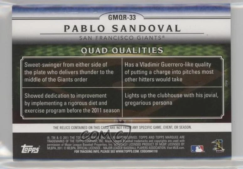 2011 Topps Marquee Gametime Mementos Quad Relics Red /125 Pablo Sandoval - Image 2 of 2