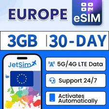 JetSim Europe eSIM (30 Days), 3GB 5G/4G LTE High-Speed Data Travel SIM to Europe