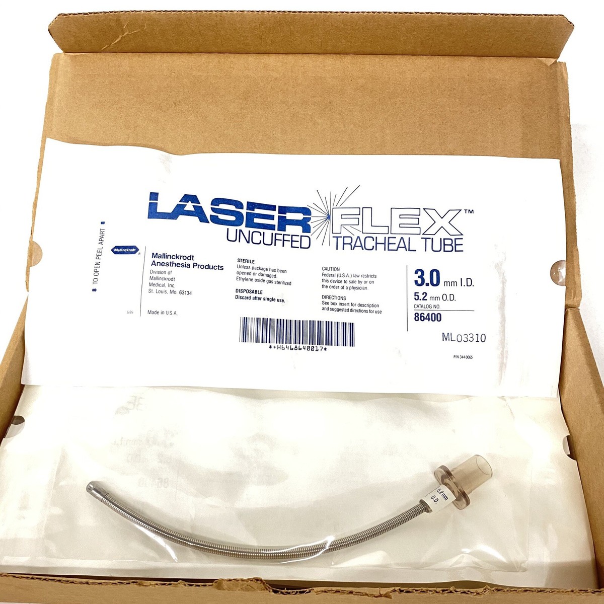 Mallinckrodt 86400 Laser Flex Uncuffed Tracheal Tube 3.0mm I.D.