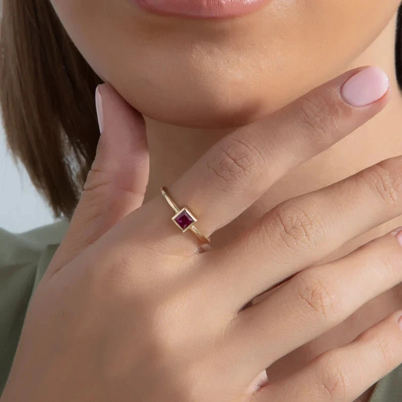 14K Solid Gold Ruby Dainty Square Stacking Ring, Gold Minimalist Ring - Image 2 of 3
