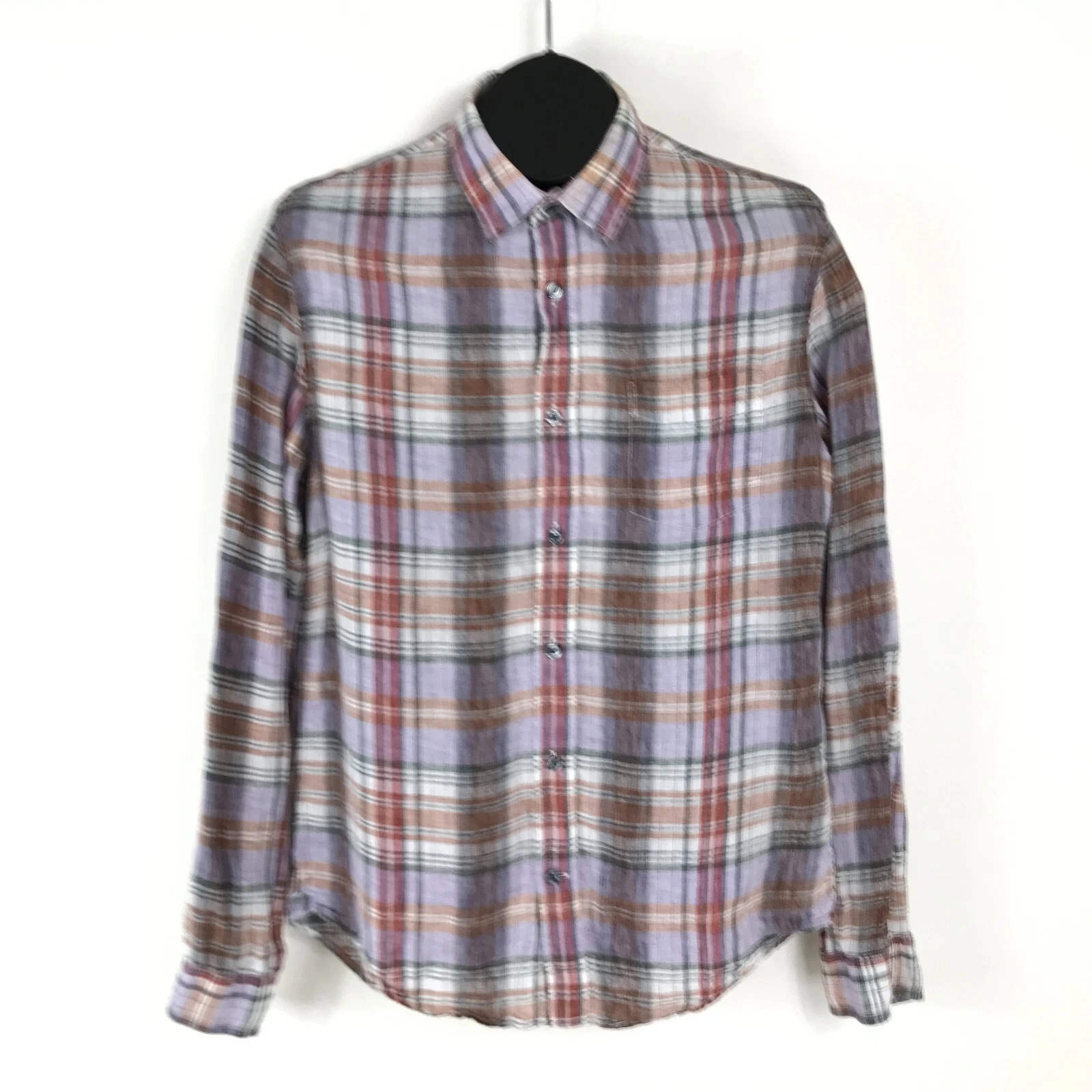 Vince Plaid Button Up Shirt Men's Medium 100% Linen Long Sleeve Woven Casual