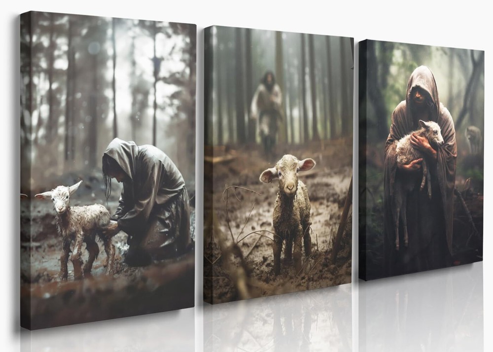 Jesus & Lamb Canvas Set: Christian Wall Decor, Running After Lost Lamb