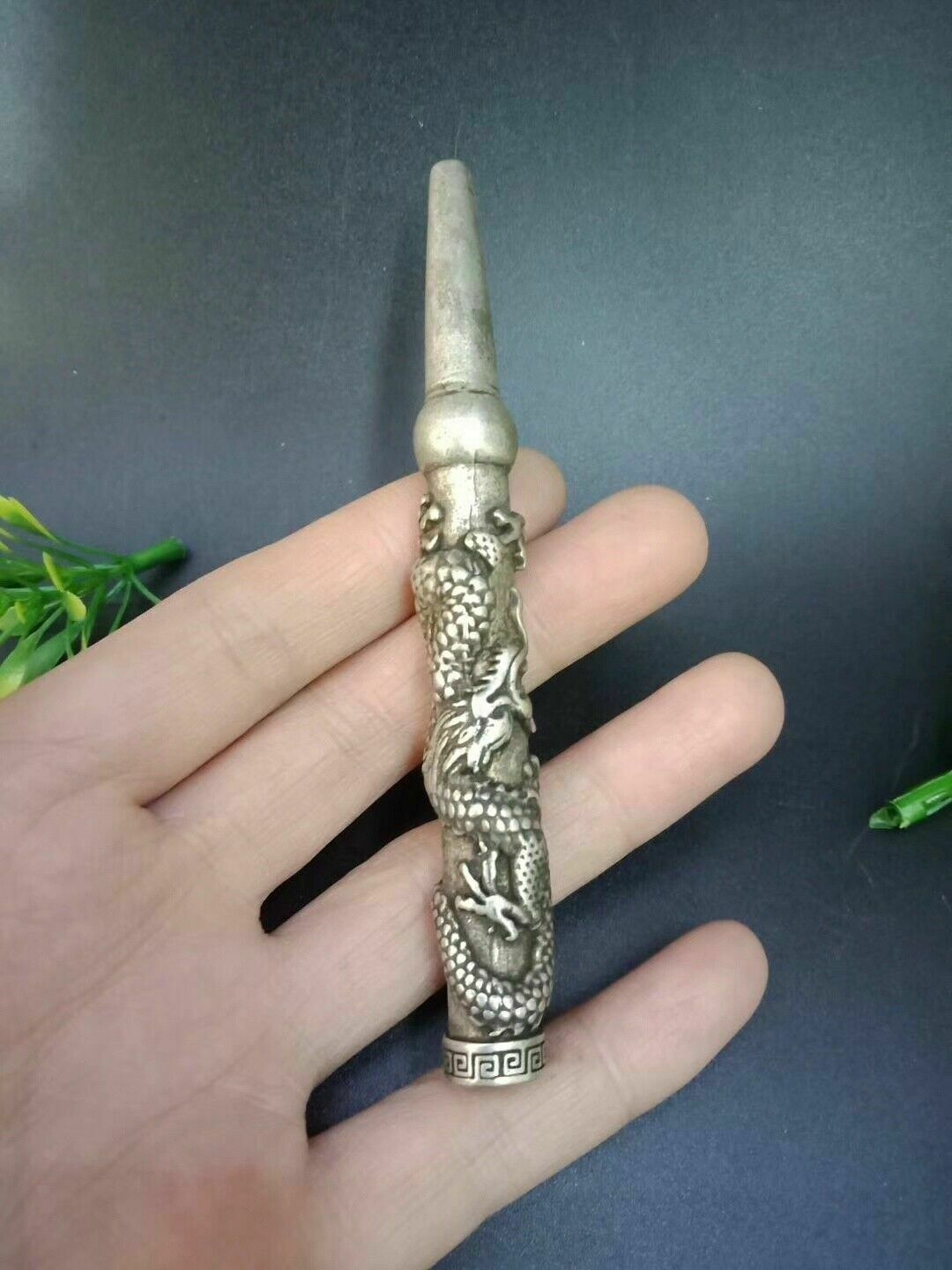  Old Chinese Tibet Silver hand-Carved Dragon cigarette holder Smoking tools 
