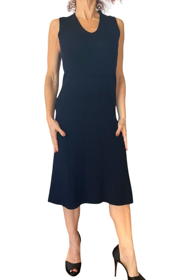 VINCE PUNTO ACANALADO LANA NEGRO SIN MANGAS TANQUE SUÉTER AJUSTE ACAMPANADO MIDI VESTIDO MEDIANO Foto 3 de 4