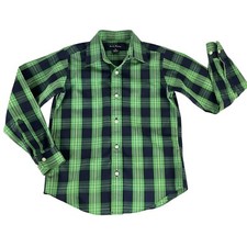 Brooks Brothers Dress Shirt Boys Kids S Green Navy Plaid Button Up 100 Cotton